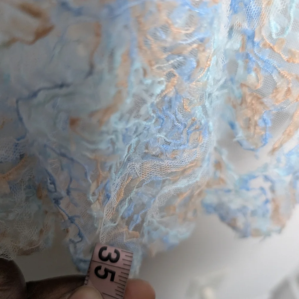 Storia Babydoll Dress Blue Tan Lacey Puff Sleeve Ruffle Square Neck Cottage Core - Picture 7 of 10